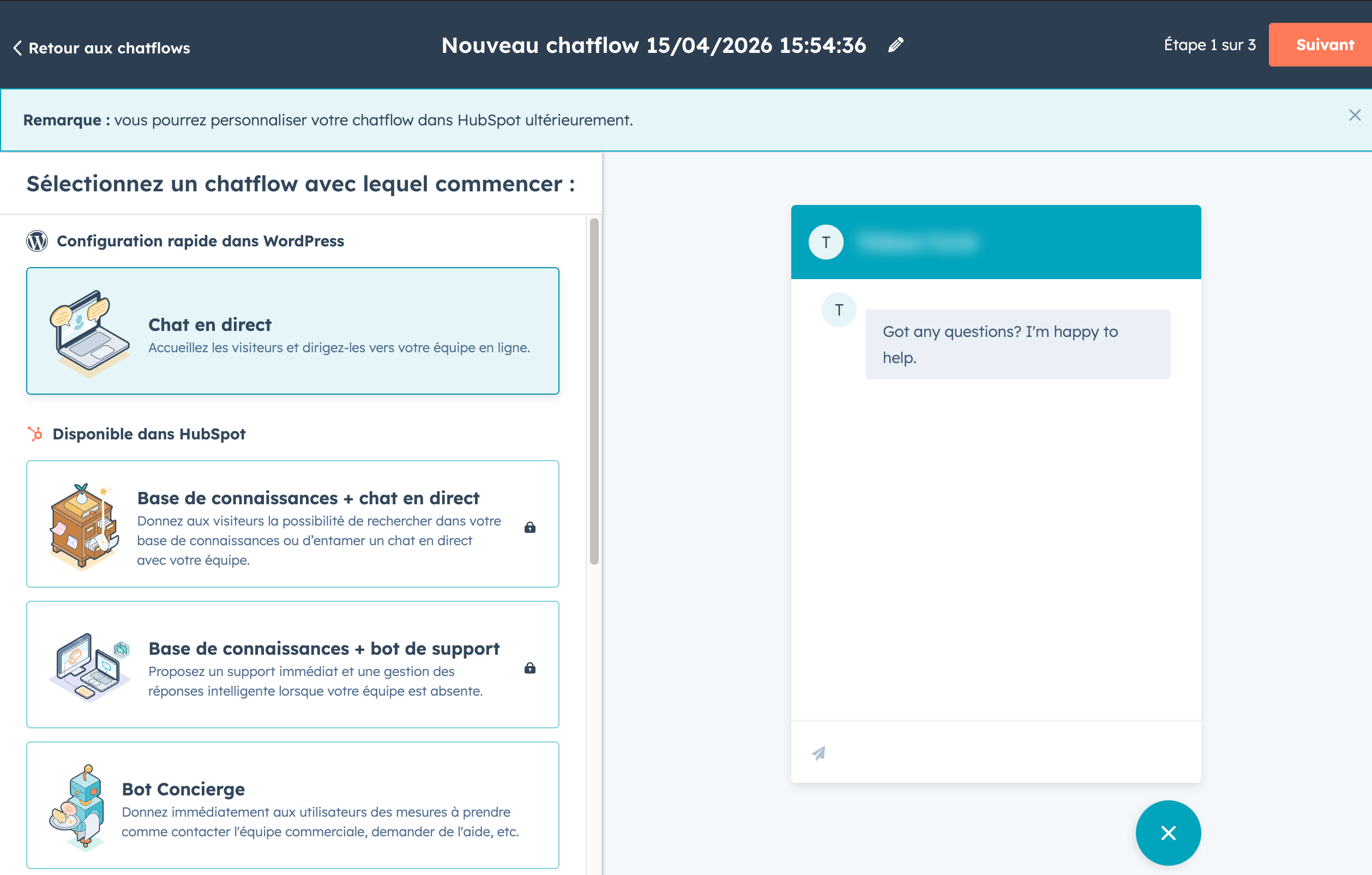Création d'un chatbot avec HubSpot WordPress plugin.