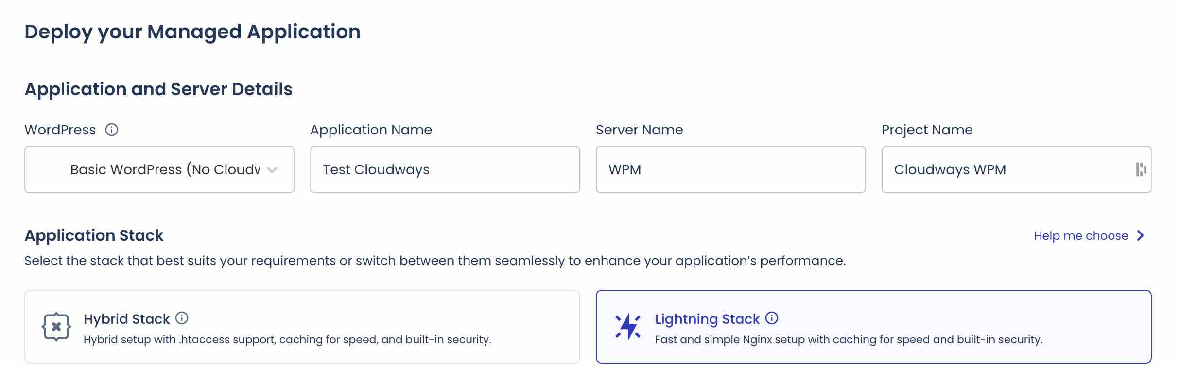 Choosing the Lightning Stack on the Cloudways platform.