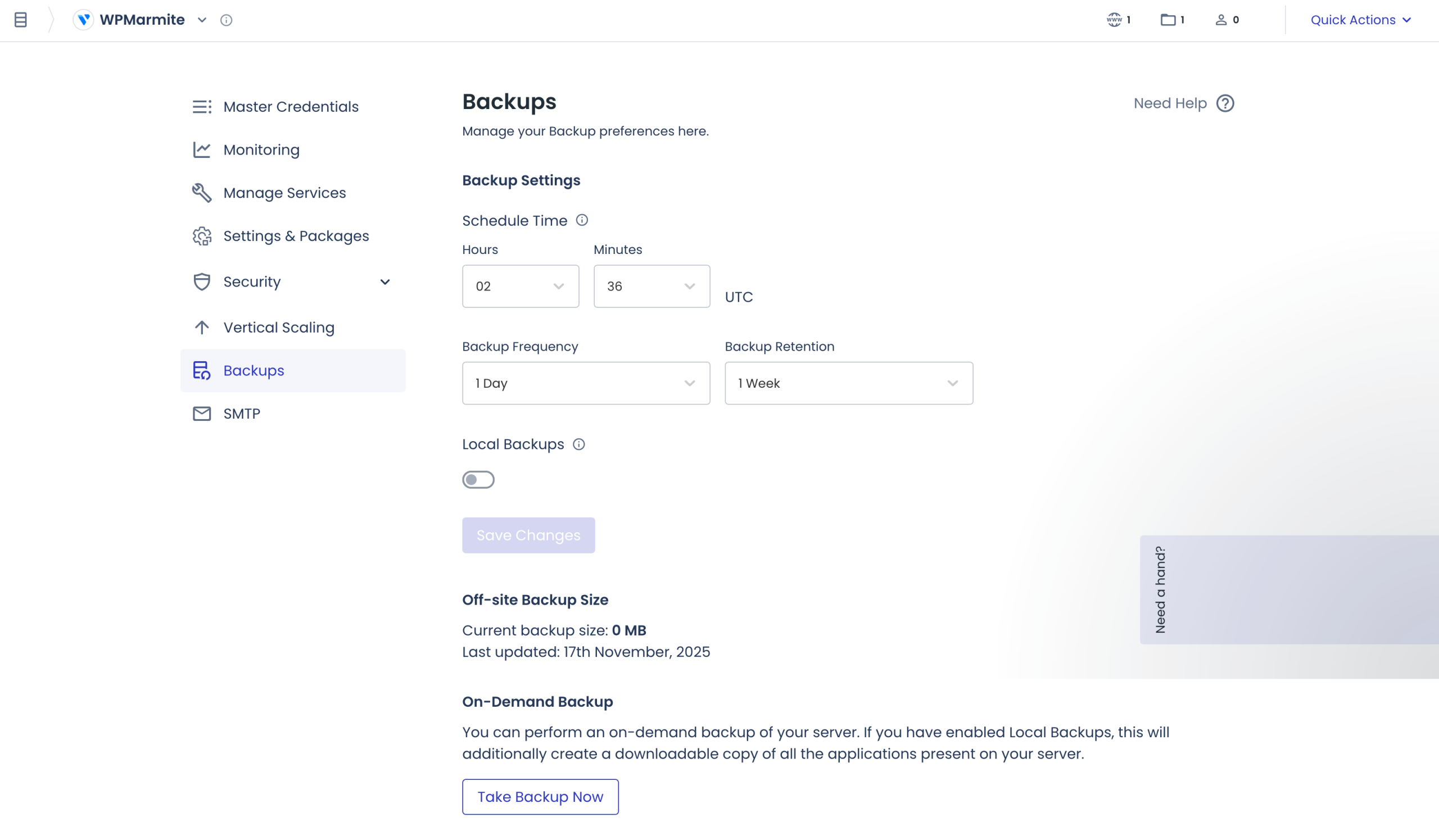 The Backups menu of Cloudways host.