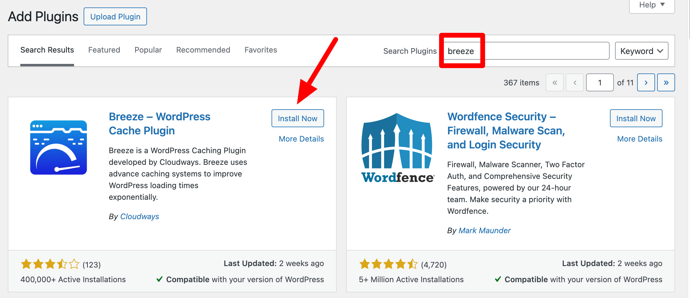 Installing the Breeze plugin from Cloudways in the WordPress back office.
