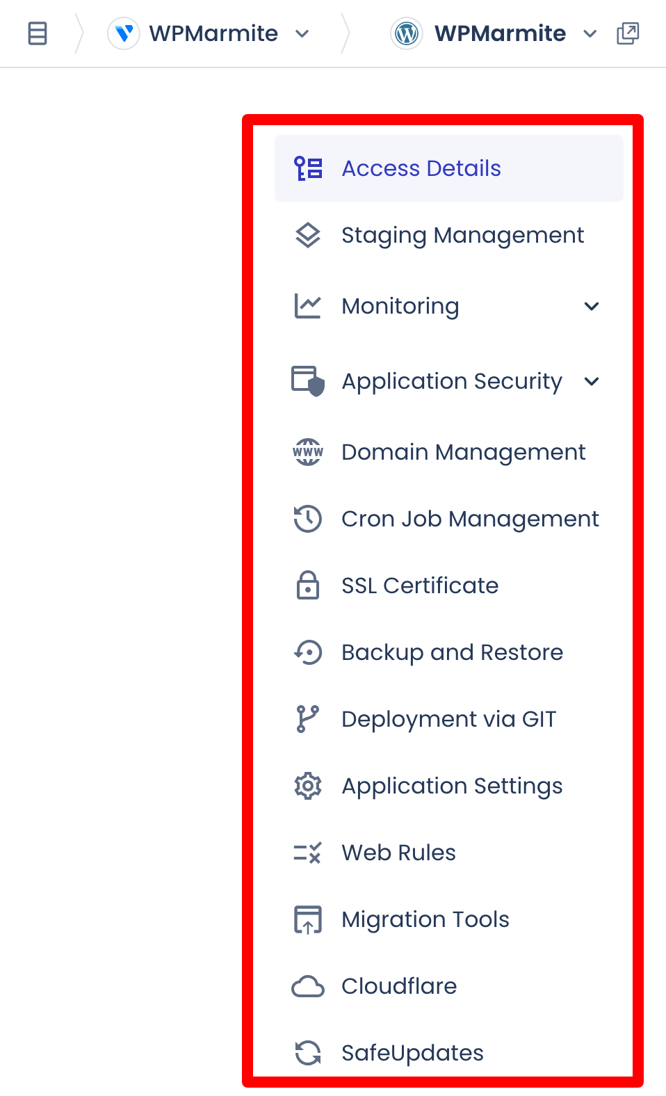 Menus of the Cloudways dashboard.