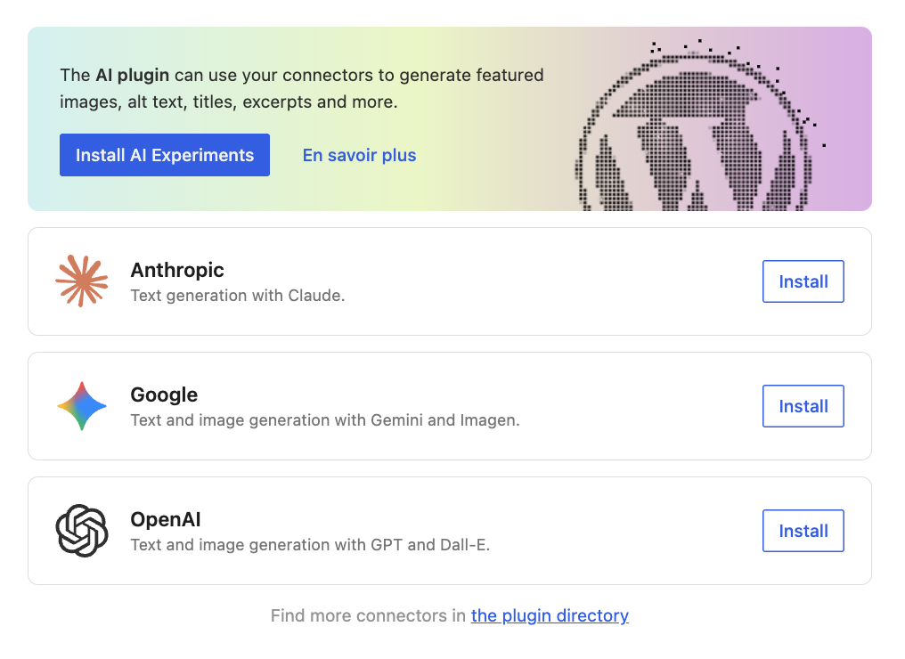L'écran des connecteurs IA, pour relier WordPress à des modèles d'intelligence artificielle
