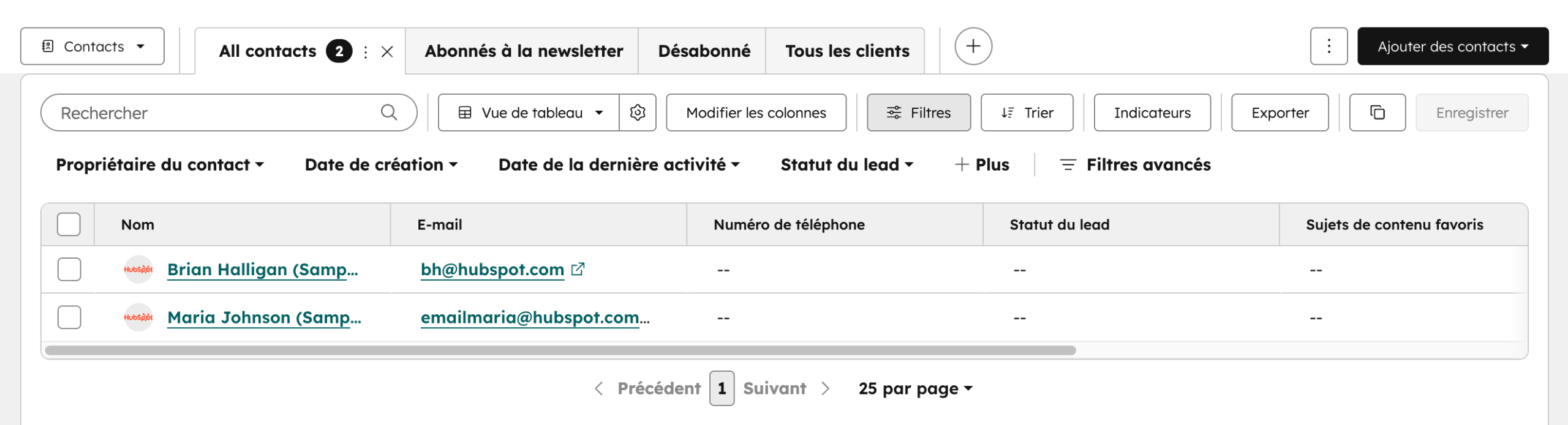 Les contacts du CRM HubSpot.