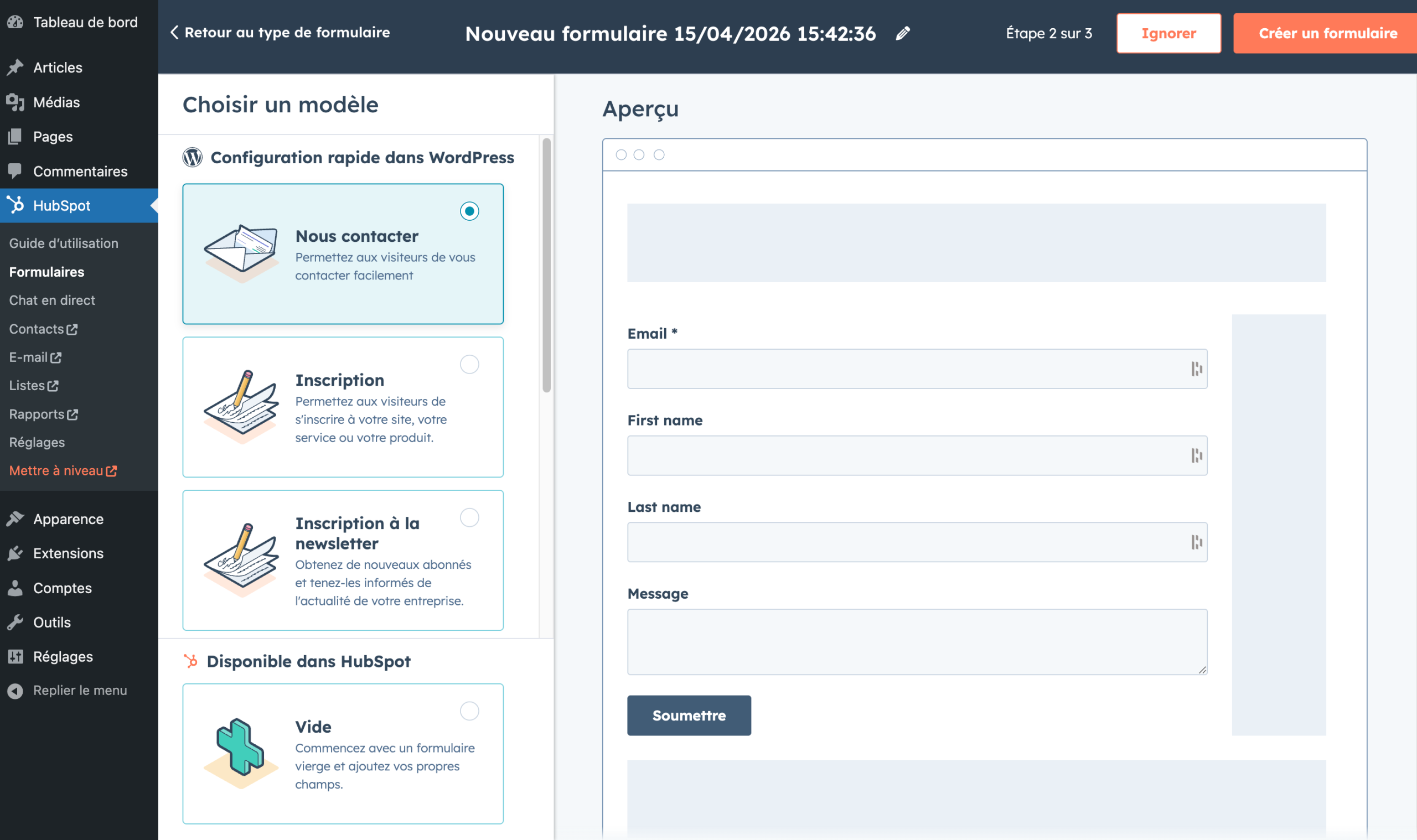 Création d'un formulaire avec le plugin HubSpot pour WordPress.