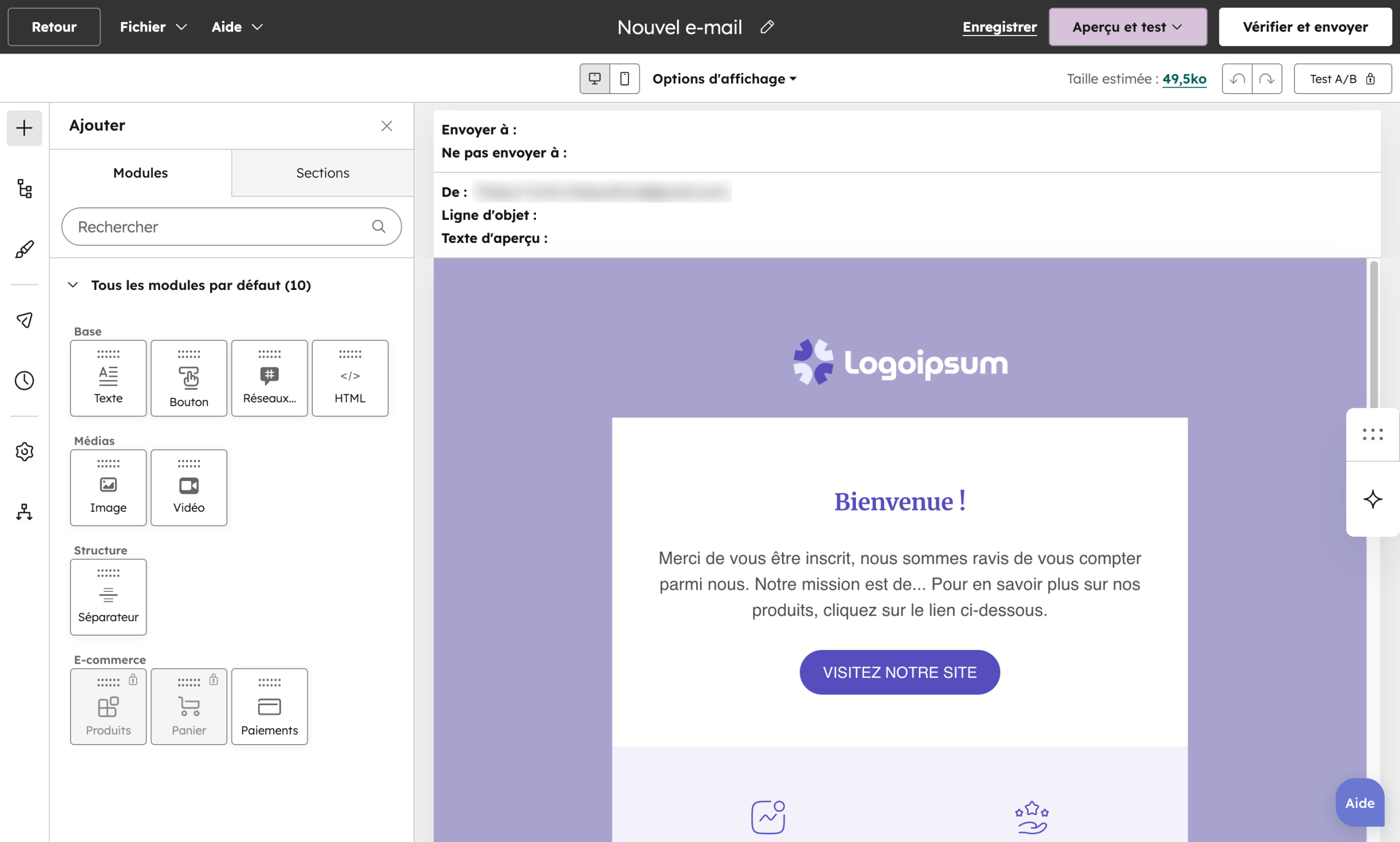 Edition d'un email sur HubSpot.