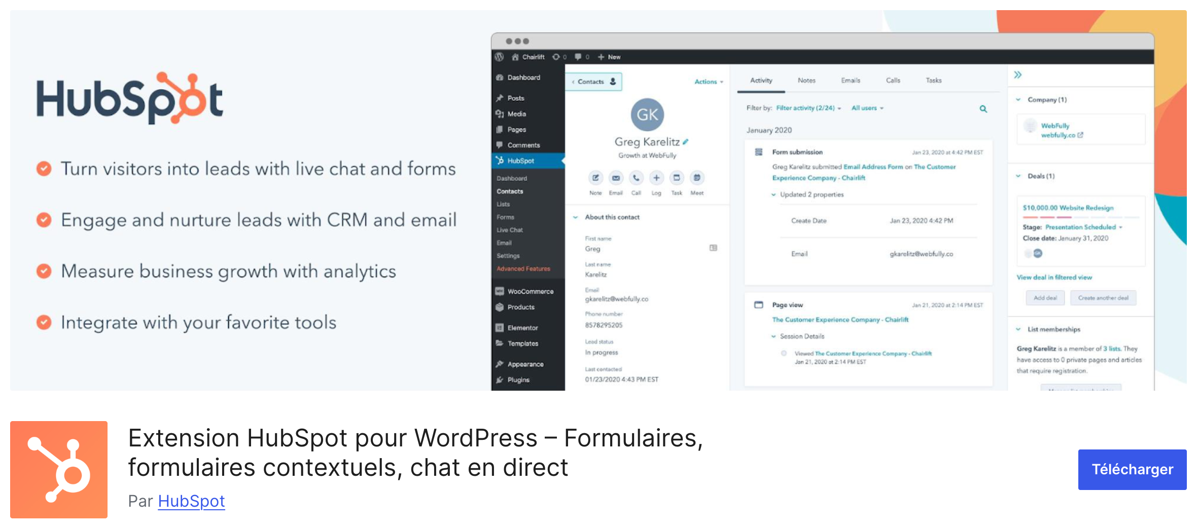 L'extension HubSpot pour WordPress sur le répertoire officiel.