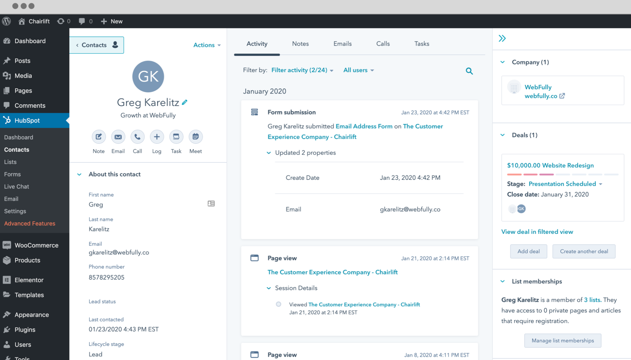 Contacts de l'extension HubSpot for WordPress sur le tableau de bord du CMS.
