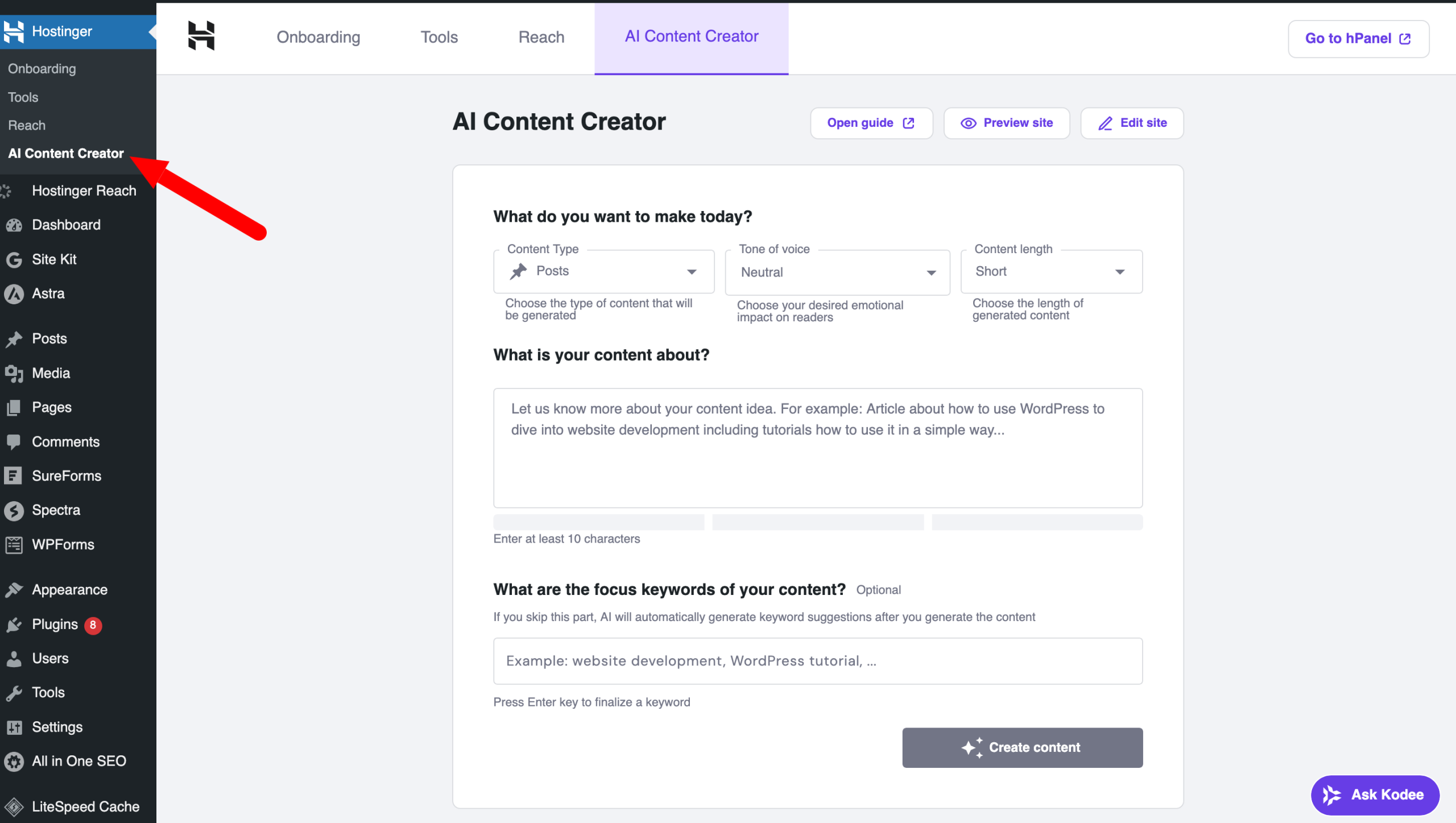 Hostinger’s AI Content Creator.