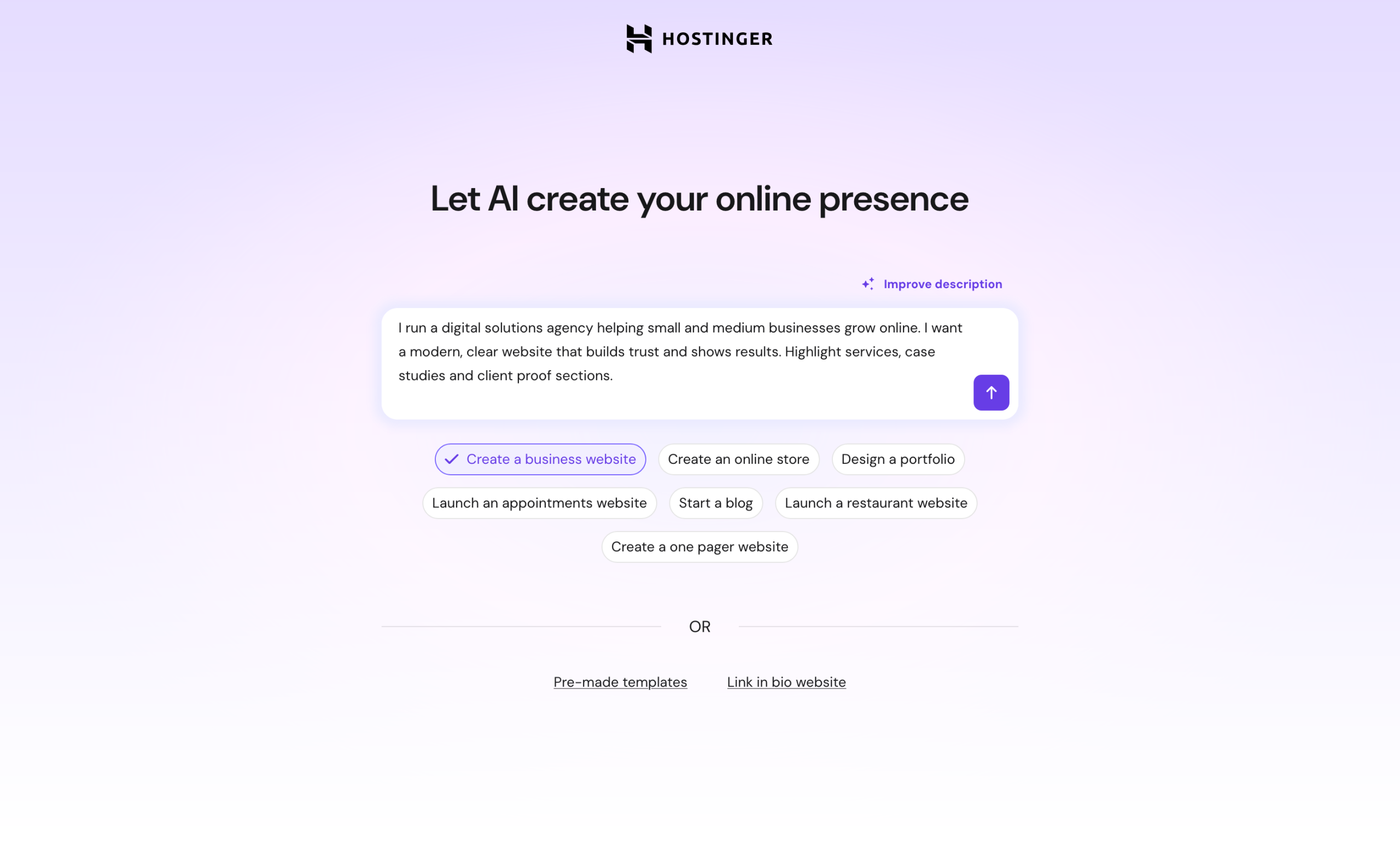 Creating a site with Hostinger AI.