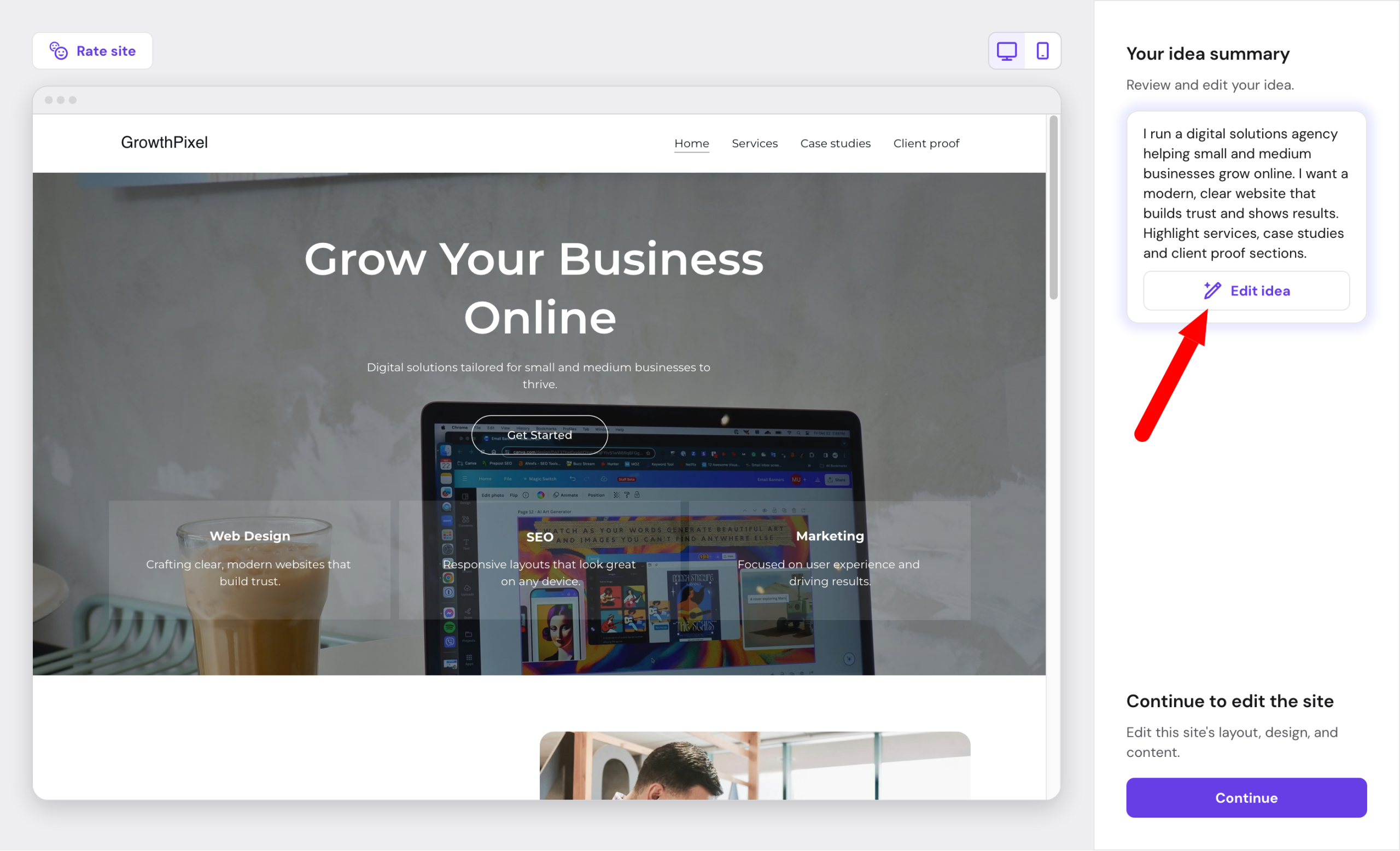Editing the idea of Hostinger’s AI website builder.