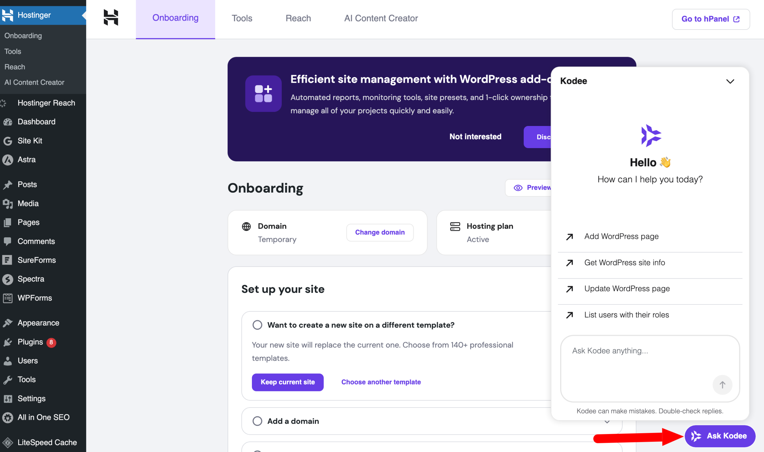 Hostinger’s Kodee chatbot.