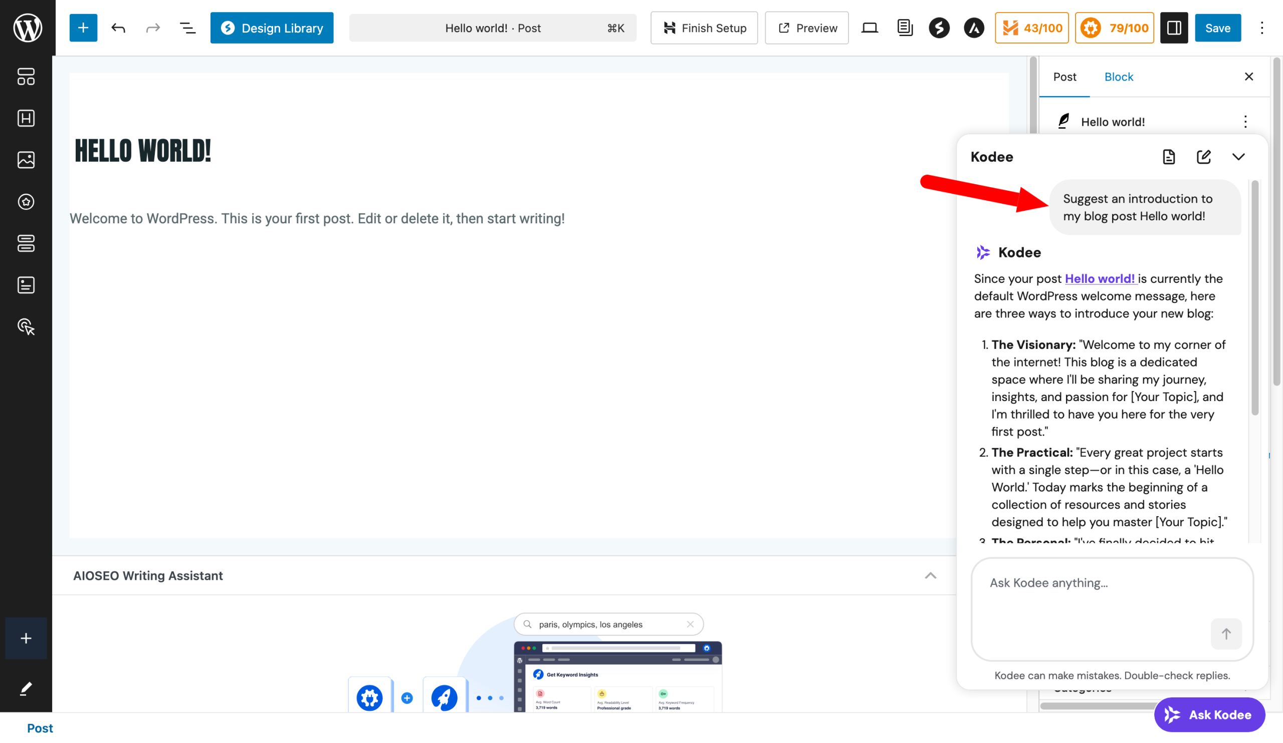 The Kodee chatbot on Gutenberg.