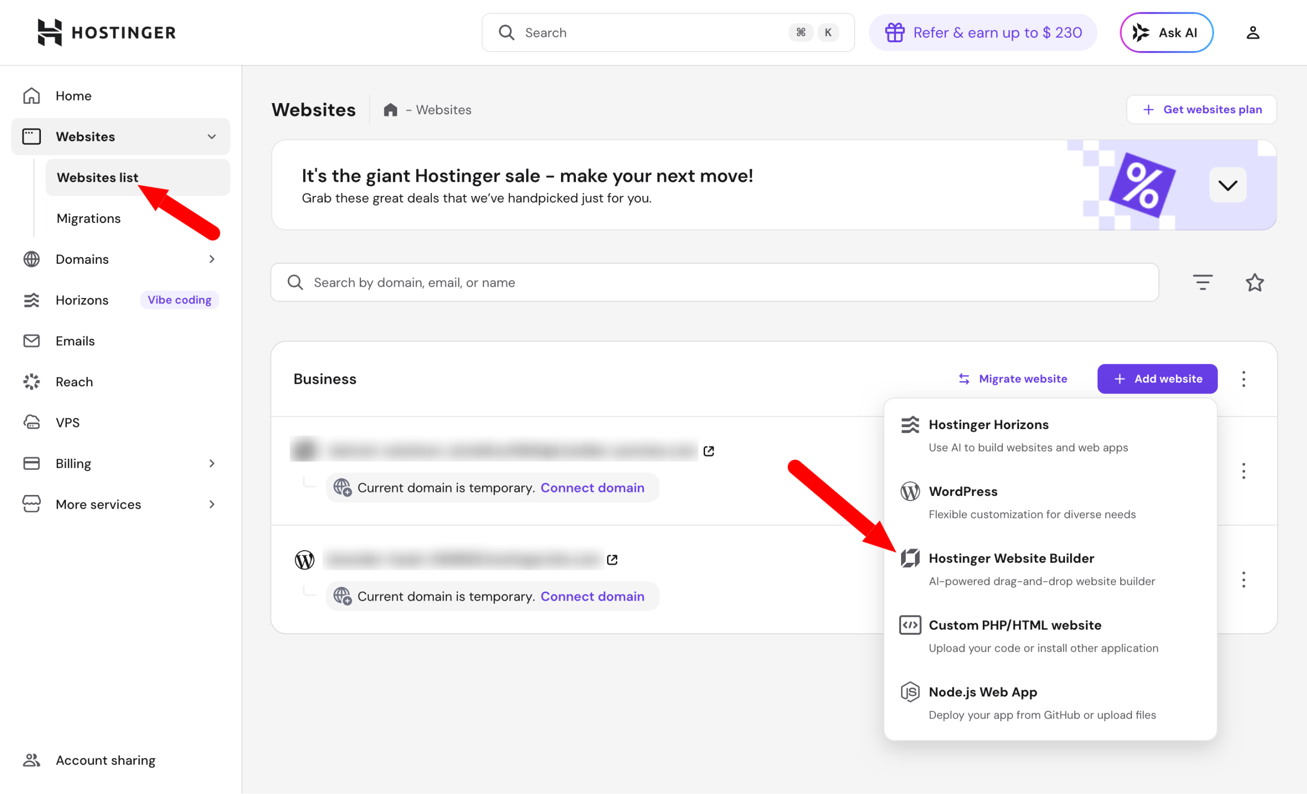 Link to Hostinger’s AI website builder.