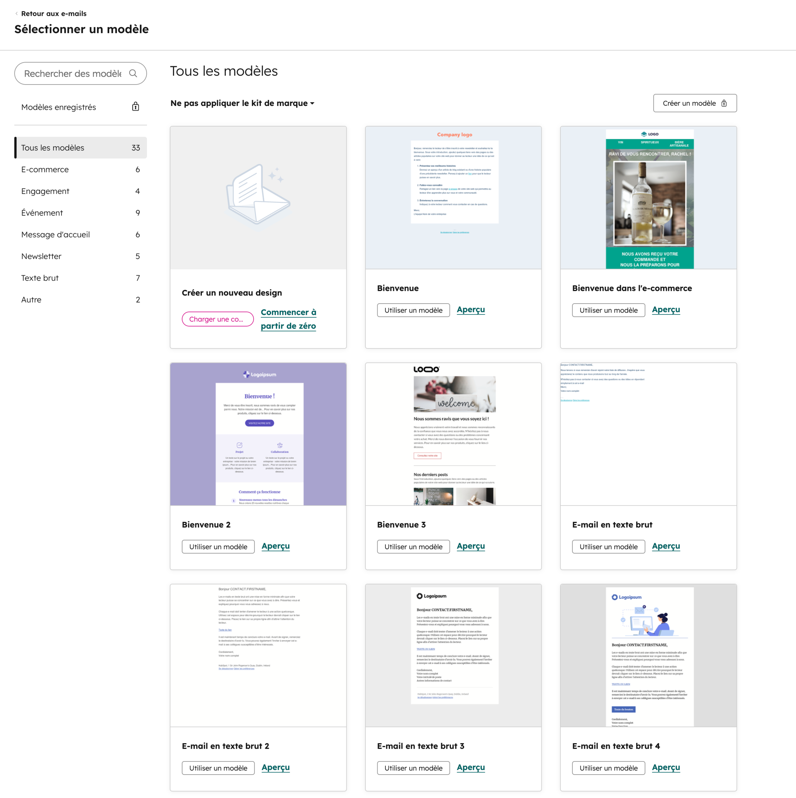Modèles d'emails de HubSpot.