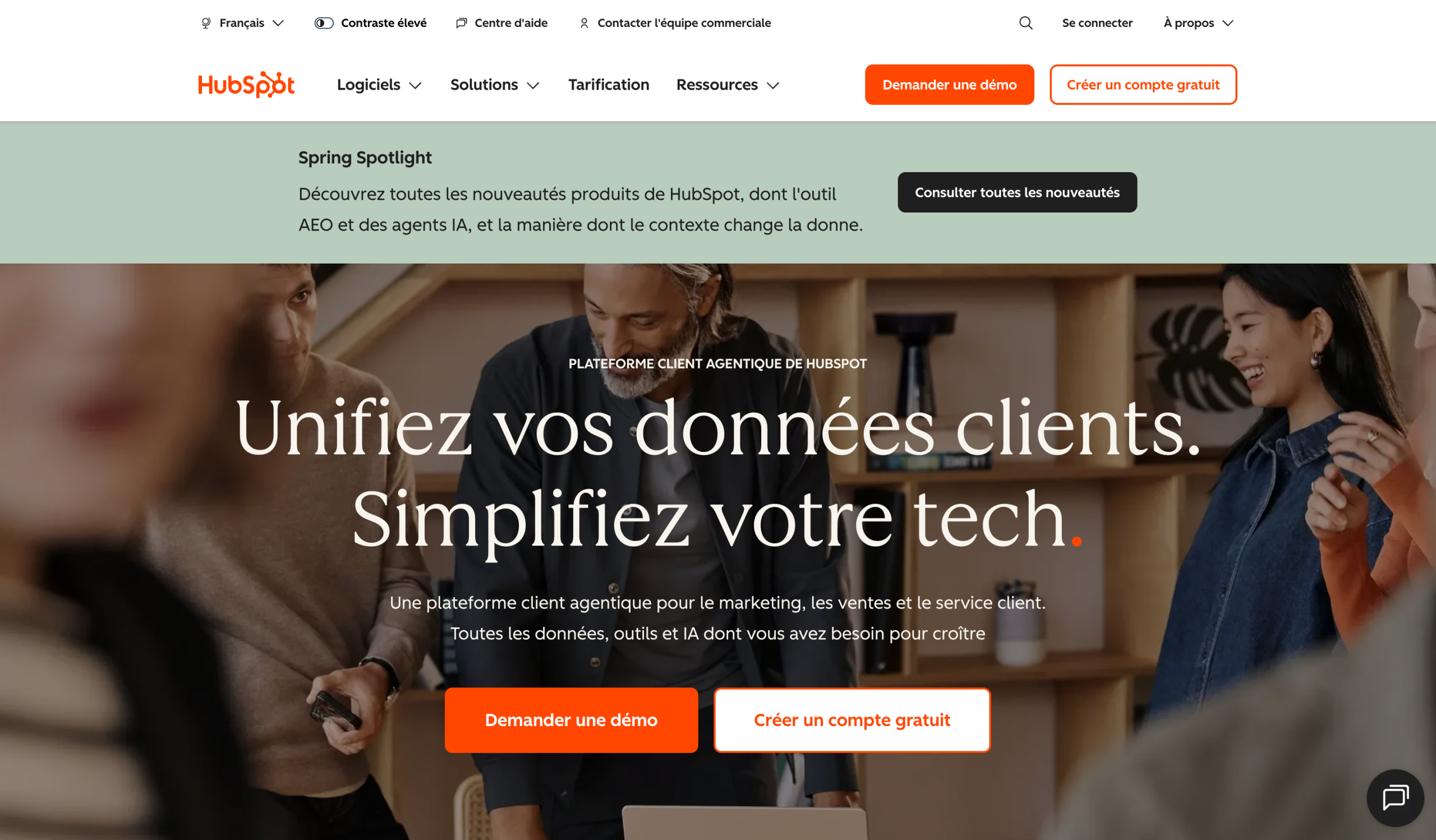 Page d'accueil de la plateforme CRM HubSpot.