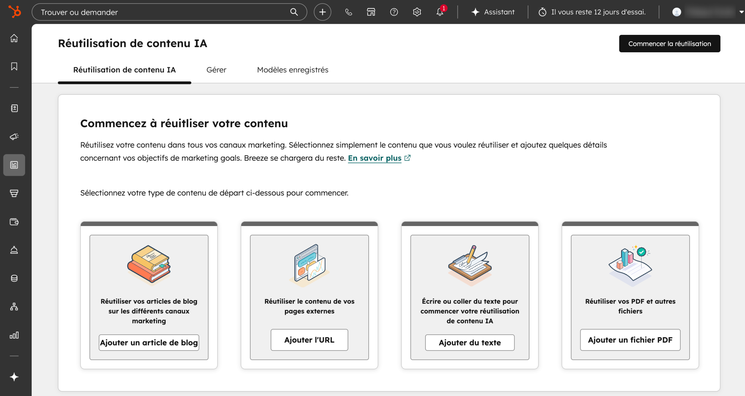 Réutilisation de contenu IA sur HubSpot.