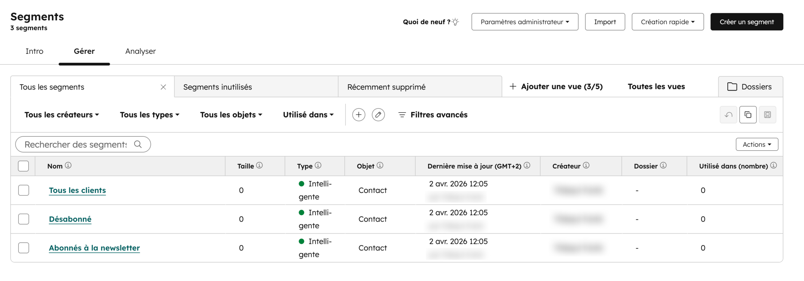 Des segments sur le CRM d'HubSpot.