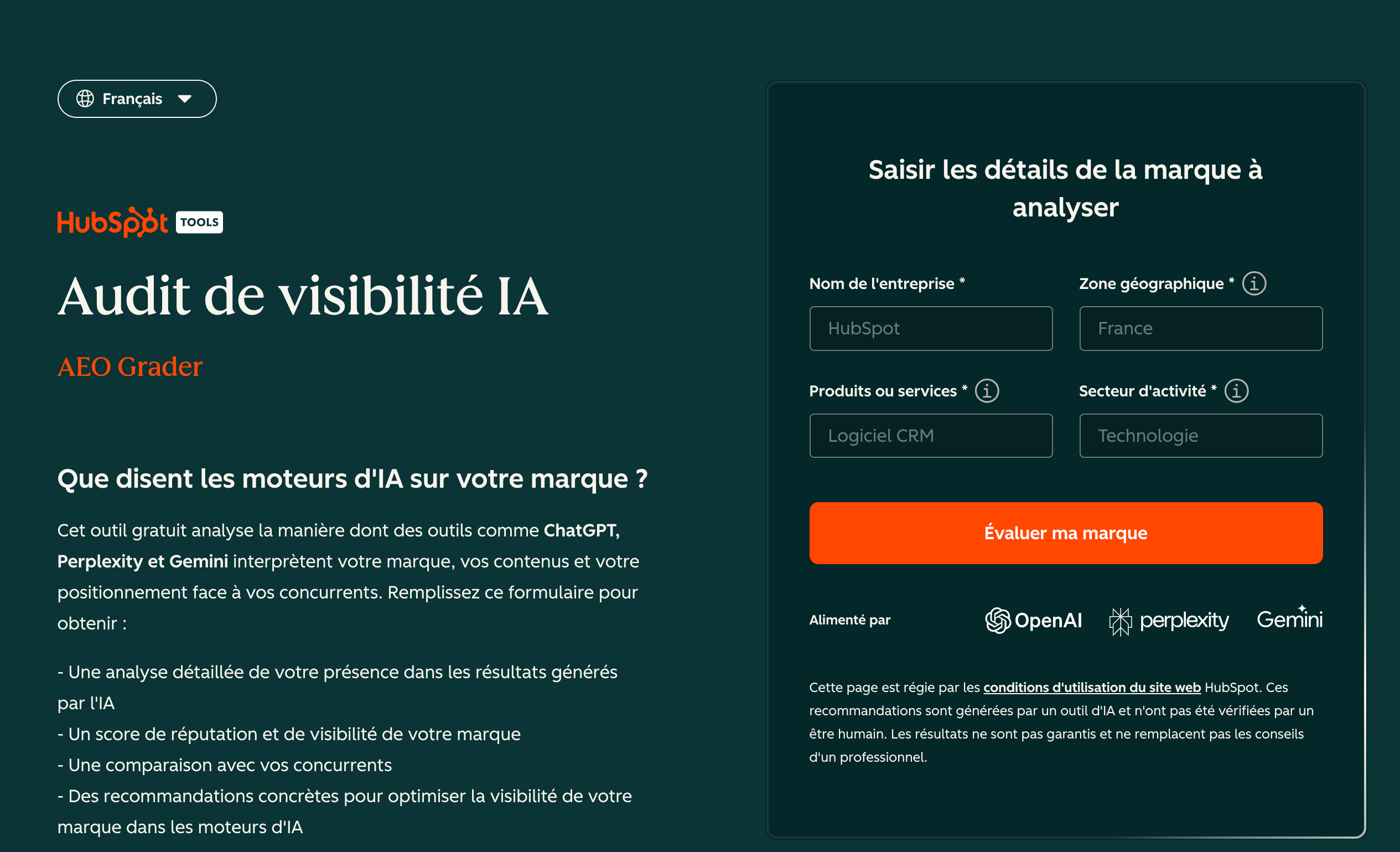 Page d'accueil de l'outil AEO Grader de HubSpot.