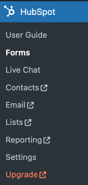 The HubSpot Forms menu in the WordPress admin panel.