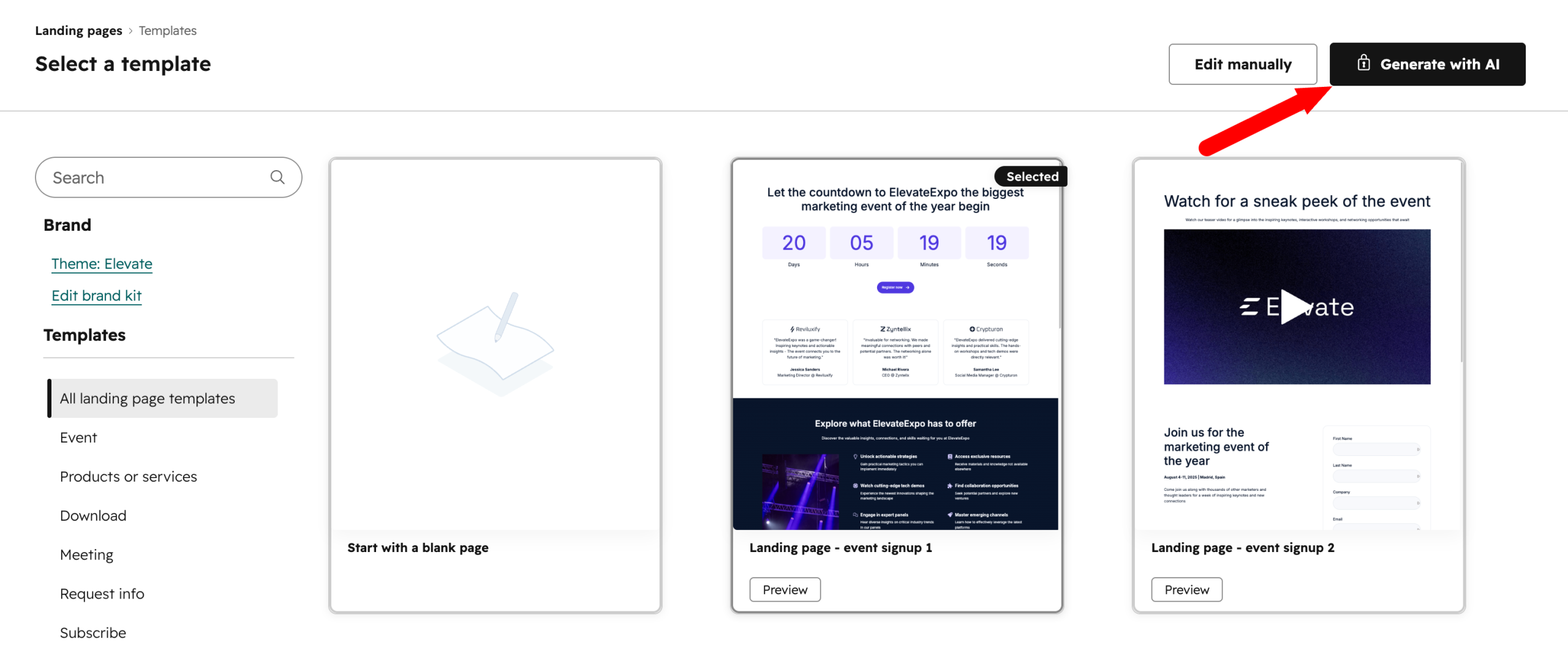 Generating a page using AI on HubSpot.