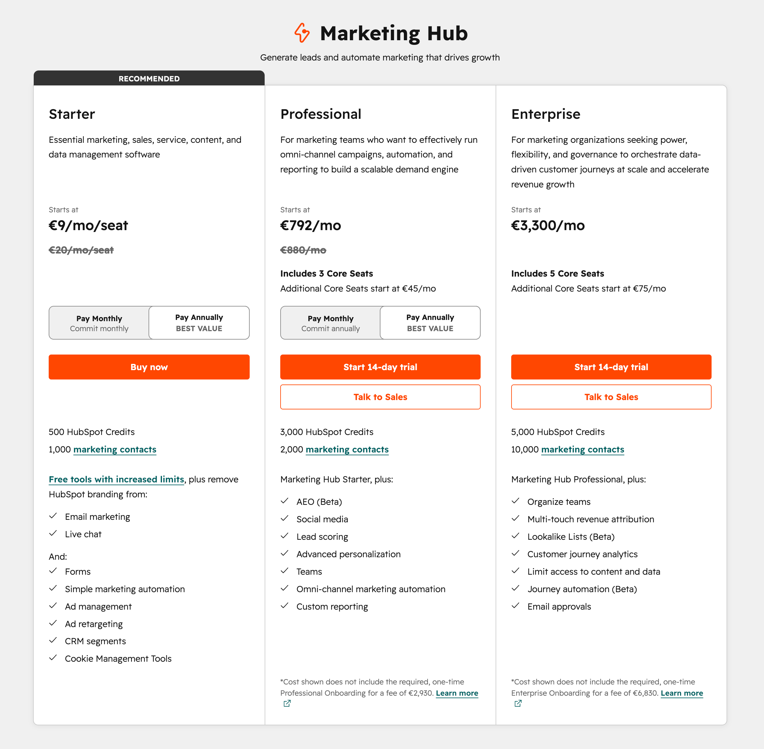 HubSpot's Marketing Hub paid plans