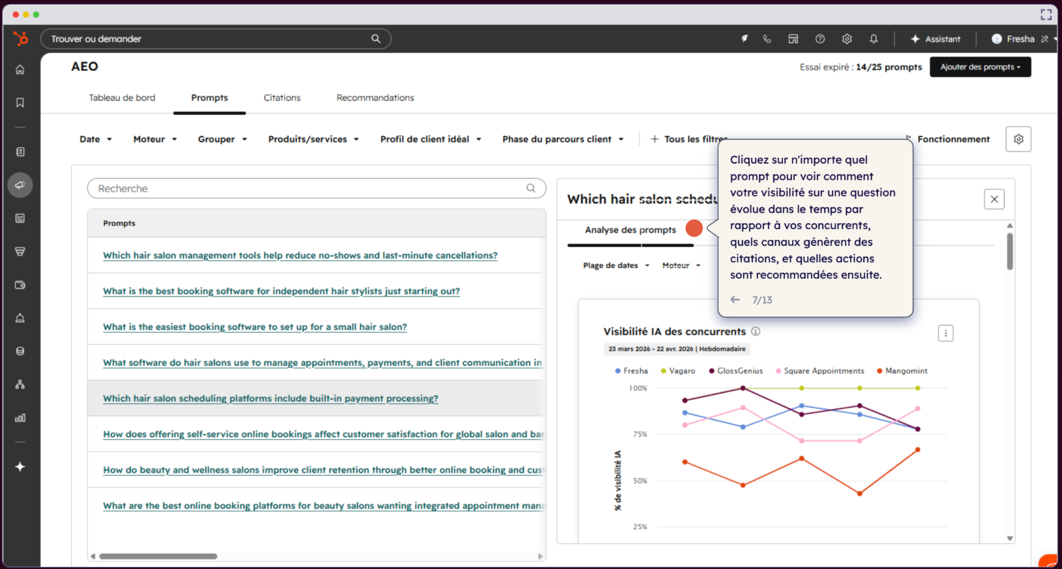 L'onglet Prompts de HubSpot AEO.