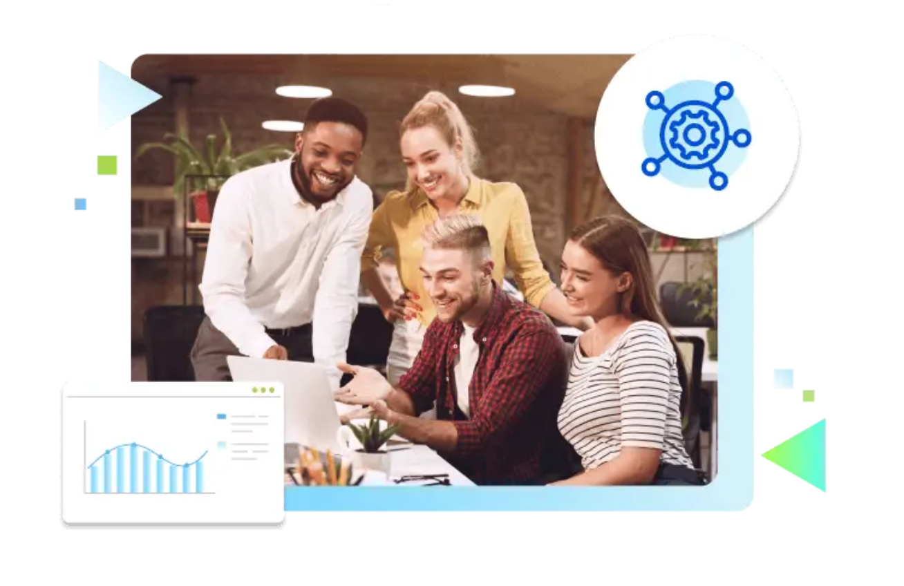 Illustration de la performance chez OVHcloud avec une équipe devant un ordinateur.