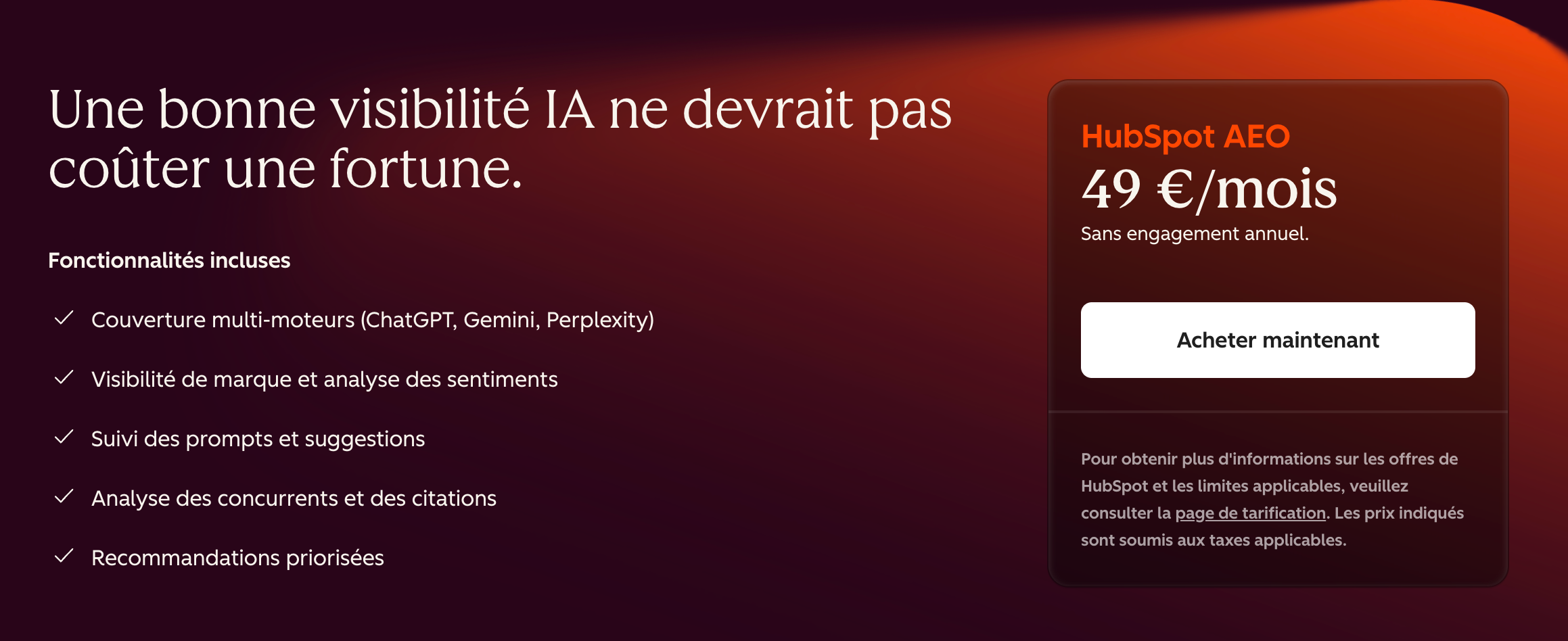 Affichage du tarif de HubSpot AEO.