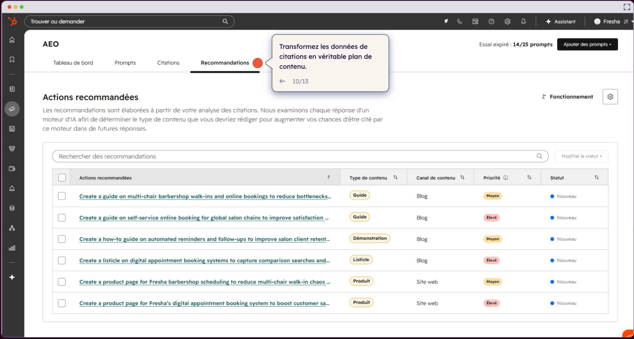 Les recommandations de HubSpot AEO.