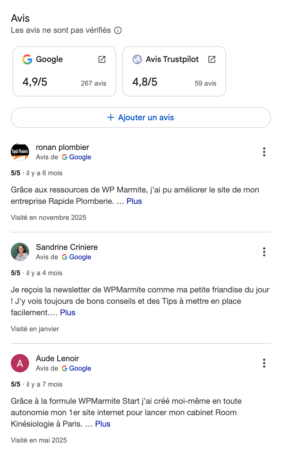Les derniers avis publiés sur la fiche d’établissement Google de WPMarmite