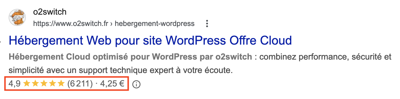 Exemple de données structurées pour le site de l’hébergeur o2switch.