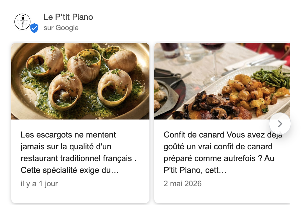 Exemple de section « Actualités » sur la fiche d’établissement Google du restaurant Le P'tit Piano