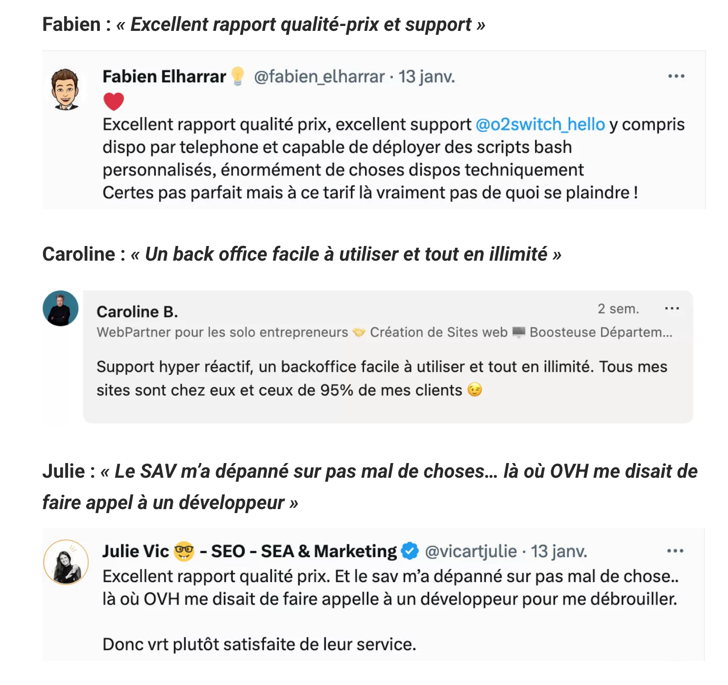 Retours clients d'o2switch dans un sondage.