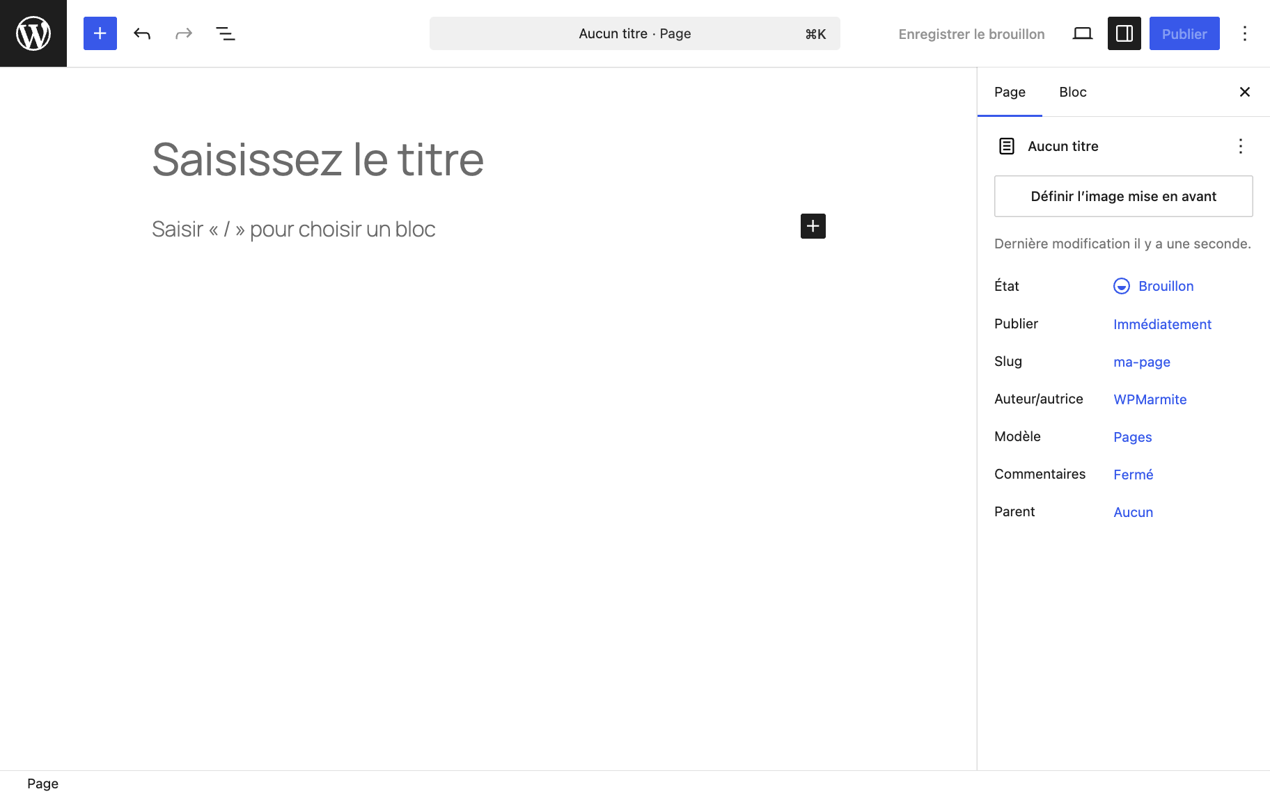 L'éditeur de contenu de WordPress s'affiche dès qu'une nouvelle page est créée.
