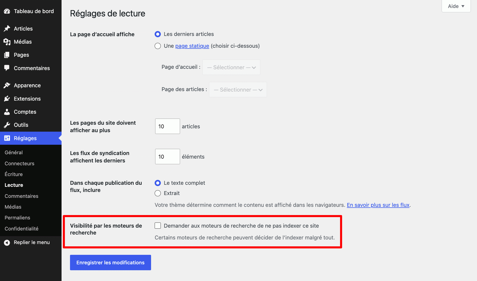La case "Visibilité par les moteurs de recherche" sur WordPress