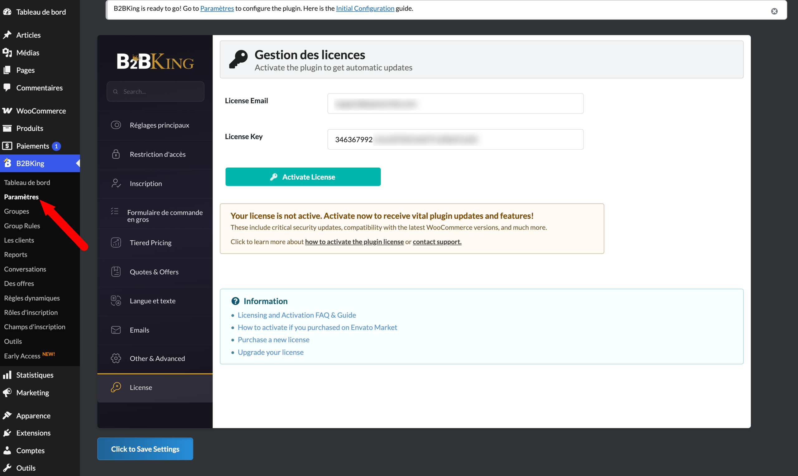 Activation d'une licence B2BKing.