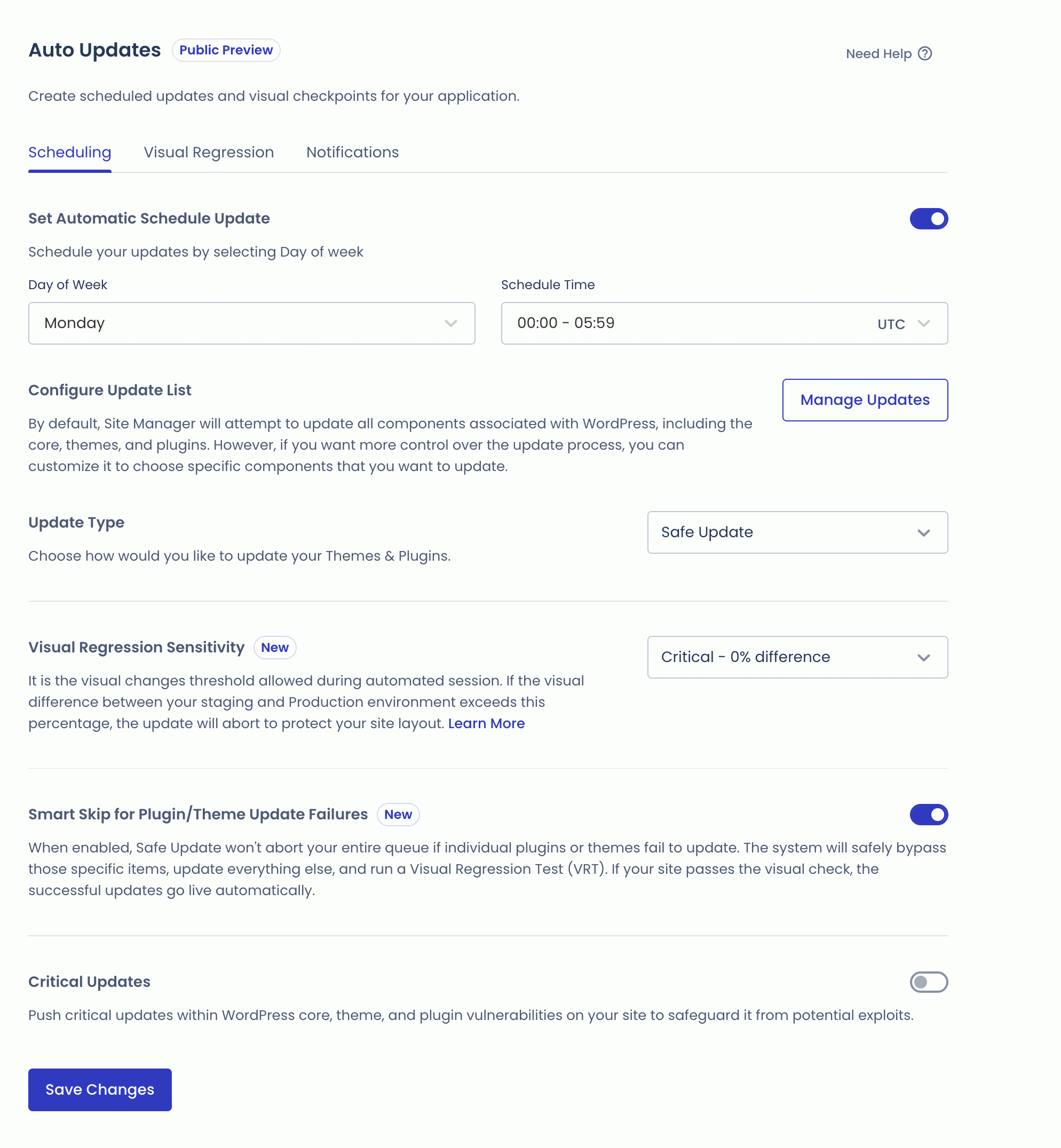 Le menu Auto Updates du Site Manager de Cloudways.