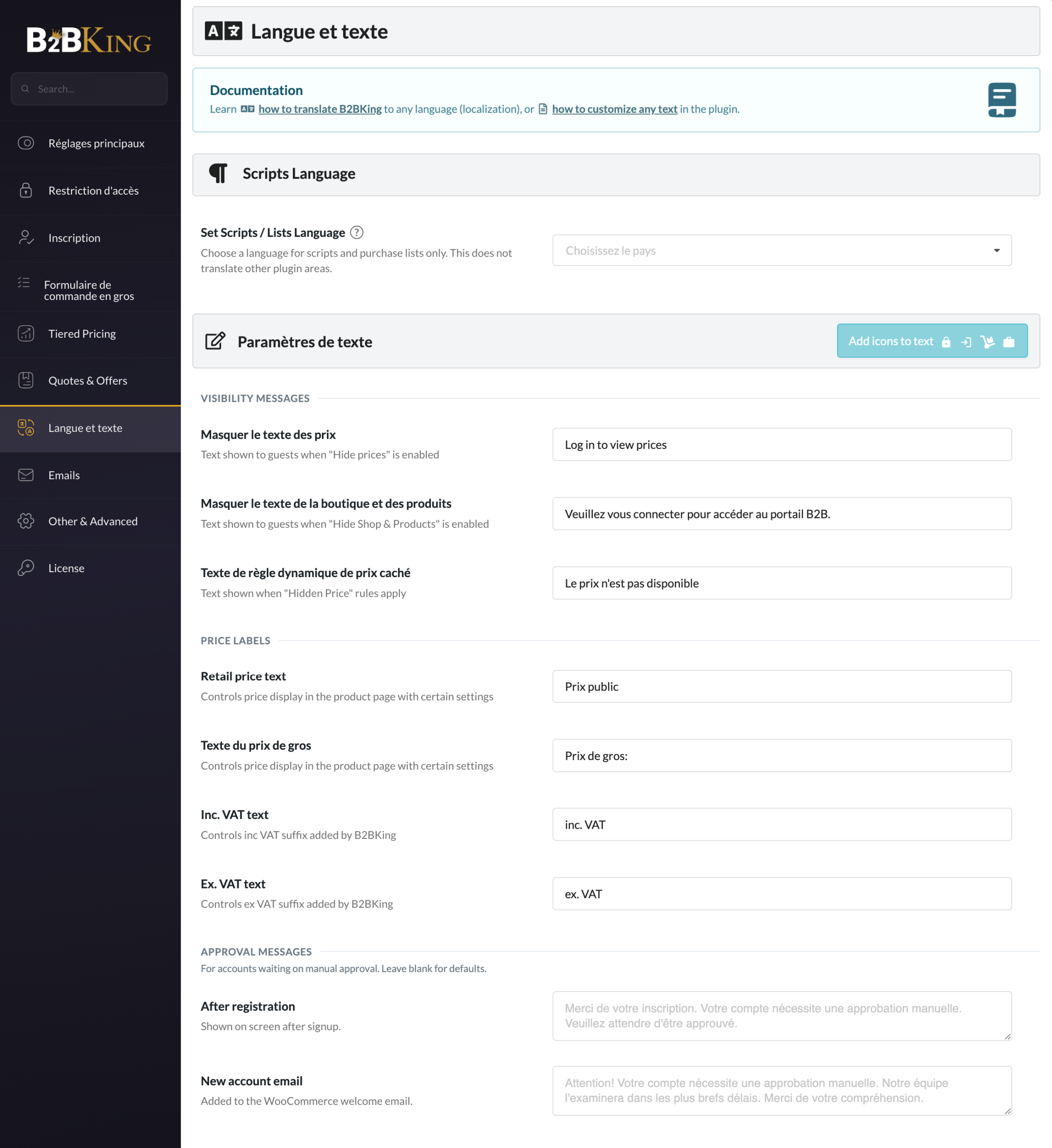 Réglages Langue et Texte sur le plugin B2BKing.
