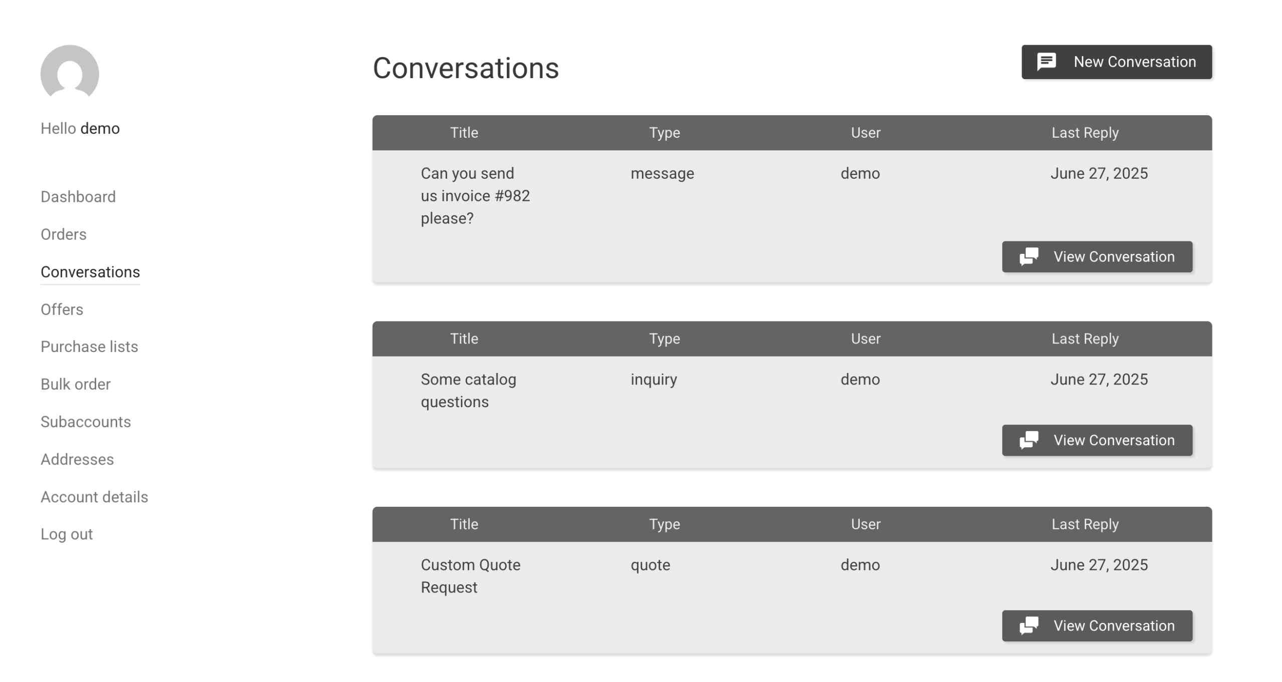 Le menu Conversations de B2BKing.