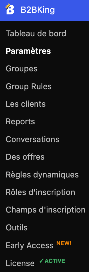 Le menu de réglages de B2BKing.