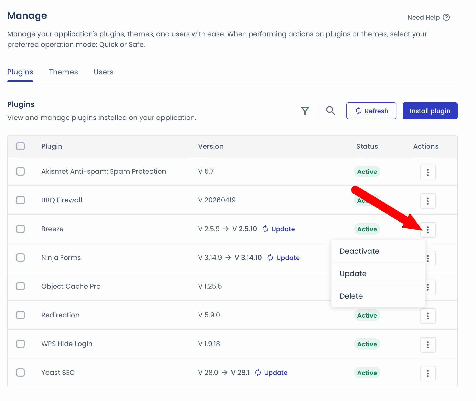 Le menu Manage du Site Manager de Cloudways.