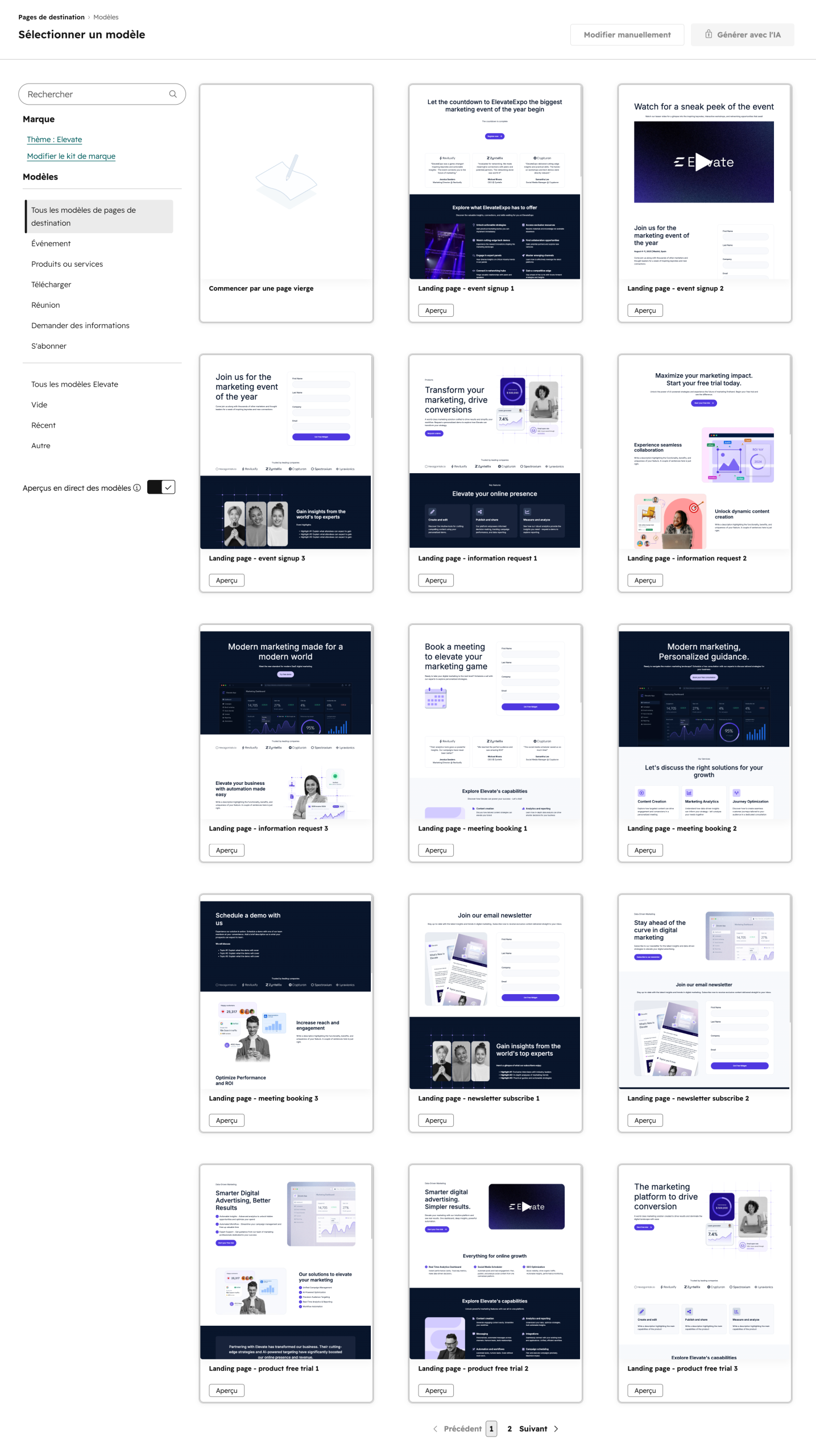 Des modèles de pages de destination proposés par HubSpot.