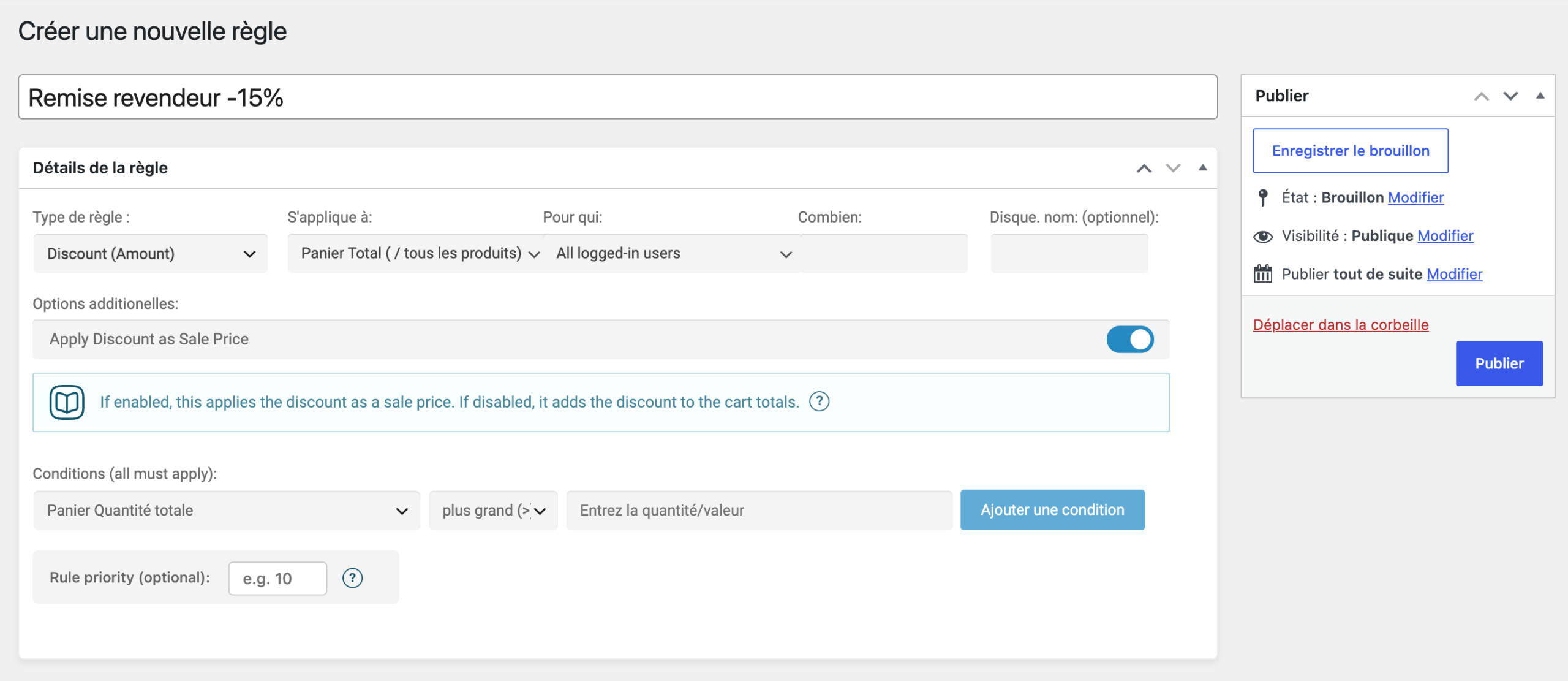 Création d'une règle dynamique sur B2BKing.