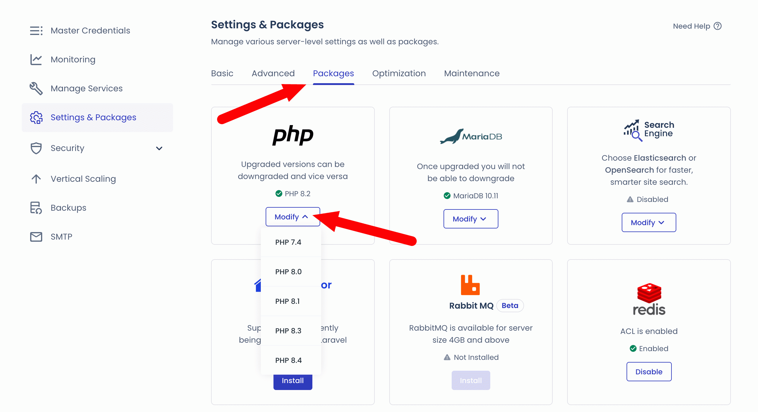 Réglages de PHP sur le Site Manager de Cloudways.
