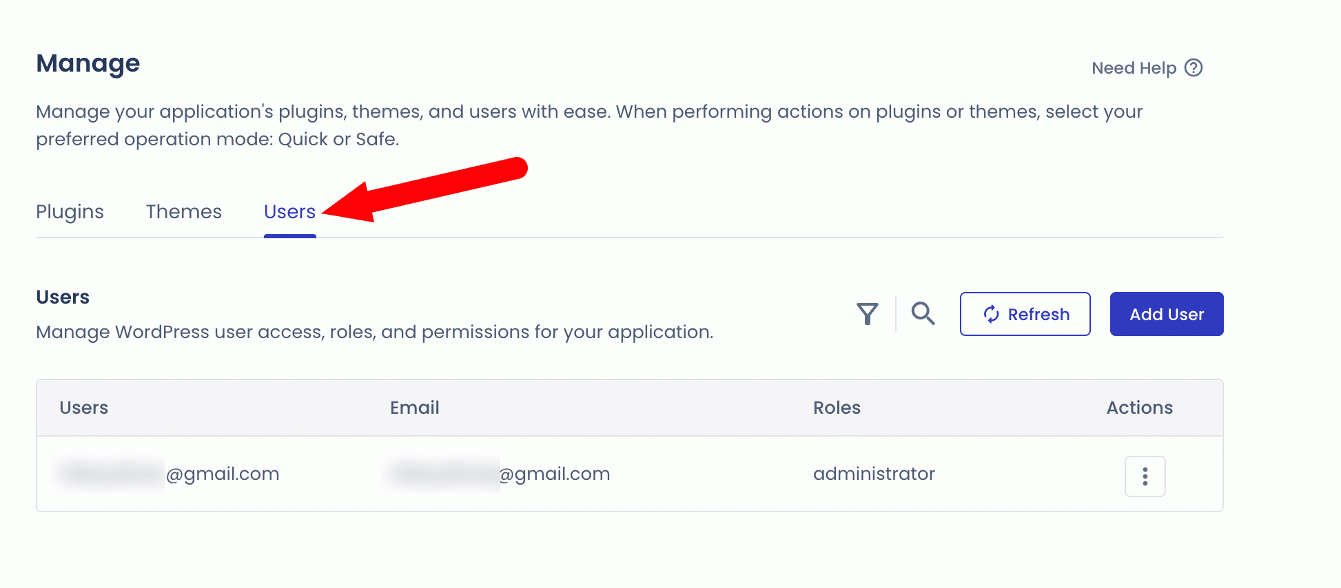L'onglet Users du Cloudways Site Manager.