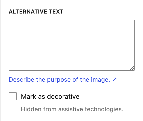 In WordPress 7.1, a checkbox in the editor lets you specify whether an image is decorative, in order to improve accessibility.