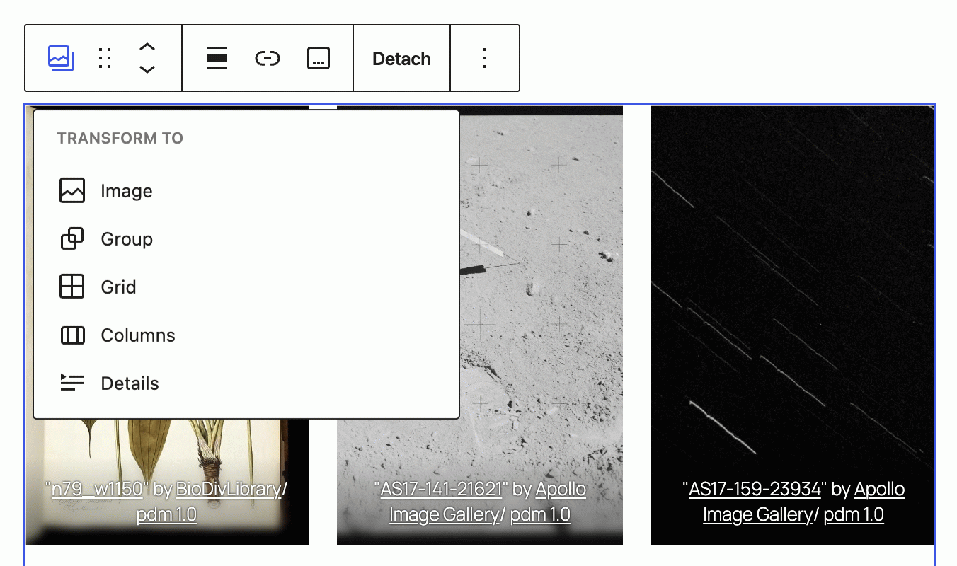 With WordPress 7.1, you can convert a gallery or columns into a Grid block.