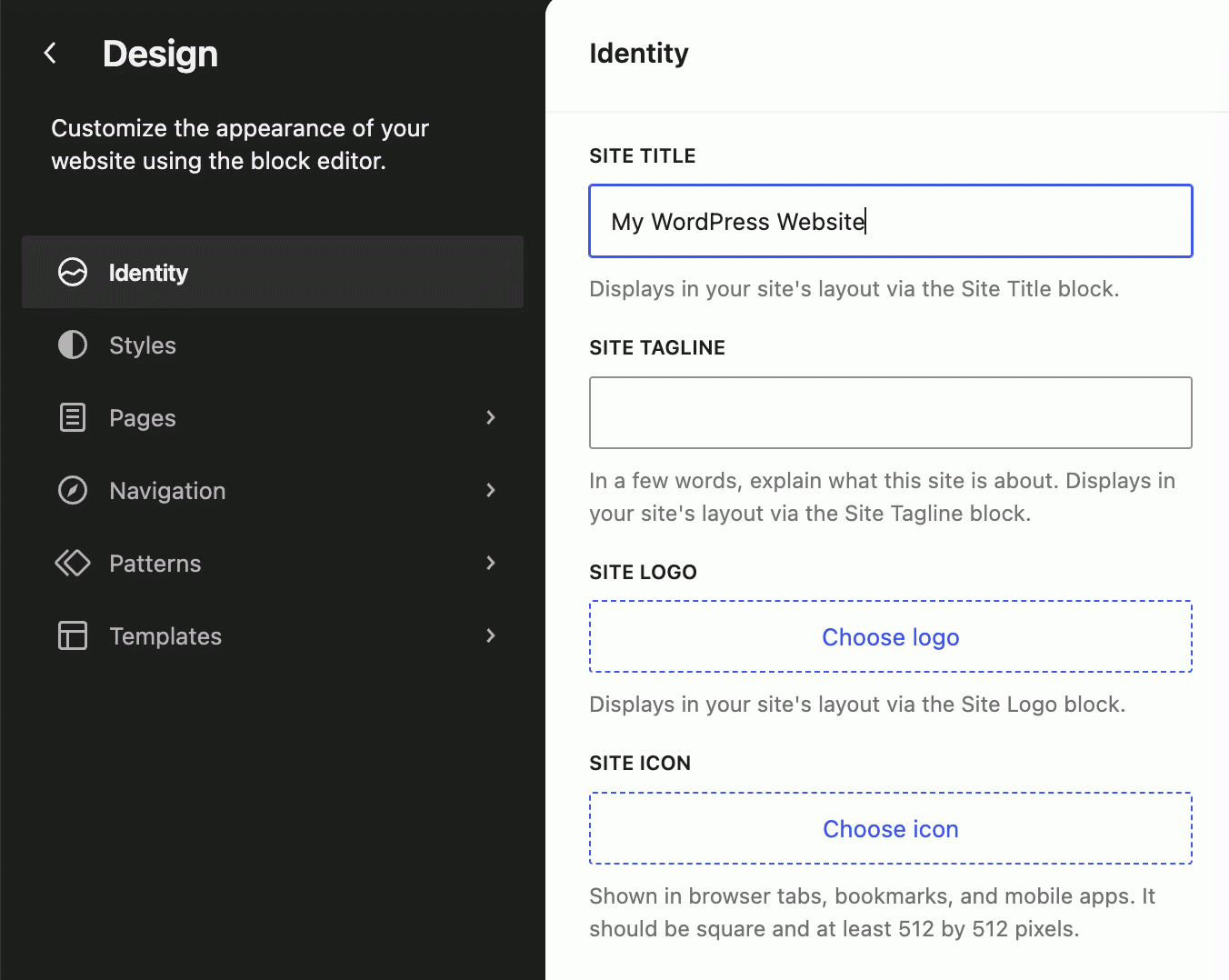 The "Identity" section in the site editor, introduced in WordPress 7.1
