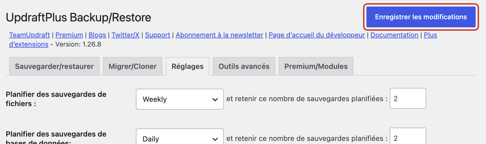 Bouton Enregistrer les modifications des réglages d'UpdraftPlus
