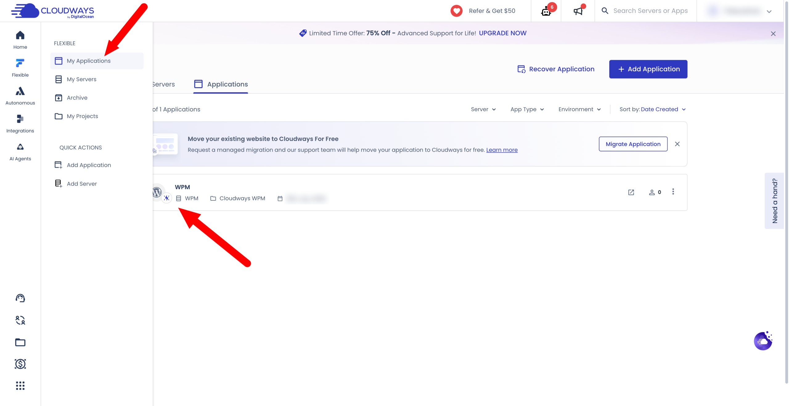 The My Applications menu in Cloudways Site Manager.